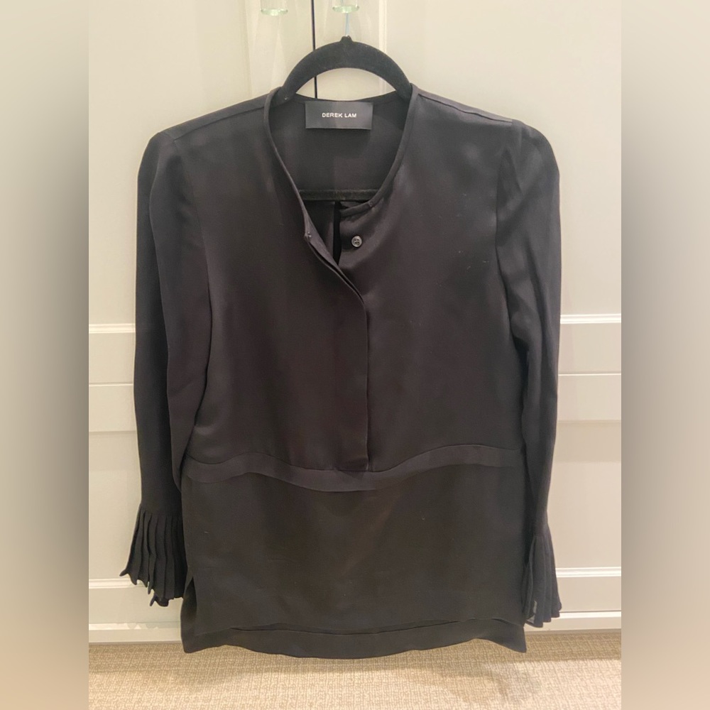 Derek Lam black silk tunic top, pleated sleeve detail, size 2